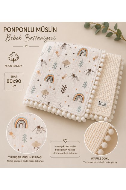 Pompom Muslin Baby Blanket 80X90 cm 100% Cotton Double-Sided Pique Baby Blanket