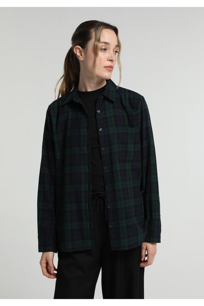 Regular Fit Shirt Neck Ekoseli Kadın Yeşil Uzun Kol Gömlek