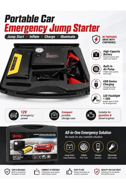 Car Jump Starter with Air Compressor – Portable 12V Battery Booster, Tire Inflator, Power Bank & LED Light