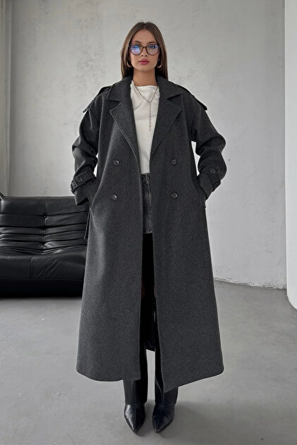 Anthracite Belted New Season Lined Premium Quality Comfortable Fit Women's Cashmere Coat