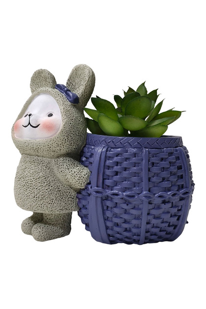 Rabbit Cement Planter with Plant, Blue