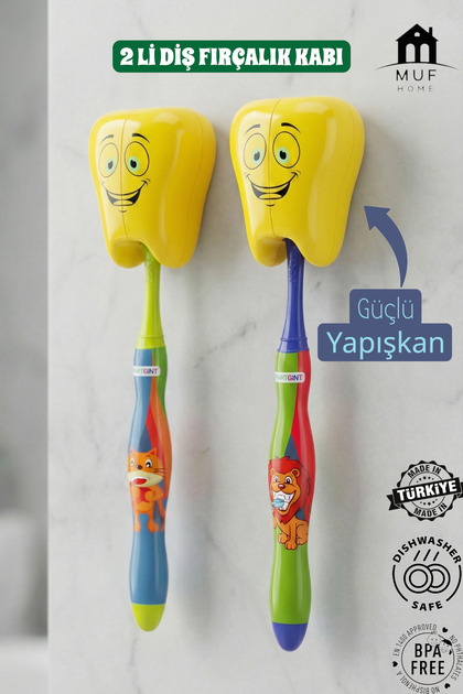 2'li Gülen Diş Figürlü Yapışkanlı Diş Fırçası Kabı - Duvar Tipi Hijyenik Banyo Düzenleyici & Koruyucu Organizer BPA FREE