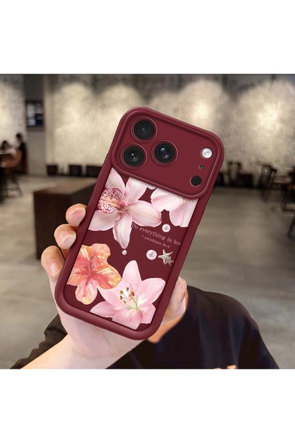 iPhone 18 Pro Max Compatible Case Camera Protector Floral Pattern Maroon Lover Couple Silicone Phone Case
