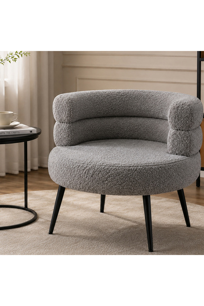 Modern Bouclé Accent Chair with Curved Backrest, Upholstered Vanity Chair with Black Metal Legs for Living Room, Bedroom & Makeup Room