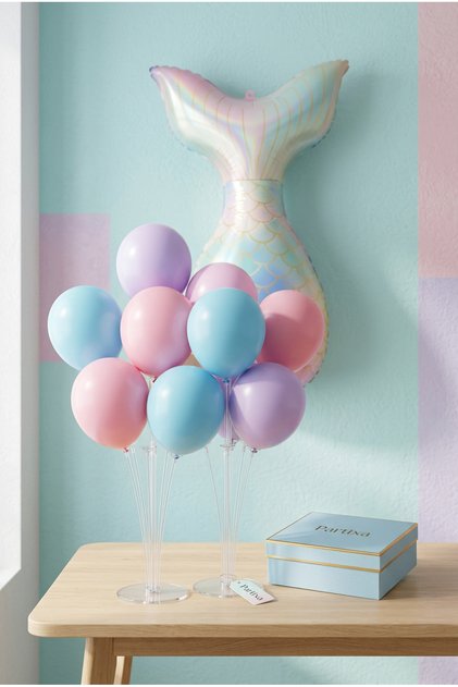 Macaron Mermaid Tail Balloon Stand Set | Transparent 7-Piece Stand + Macaron Mermaid Tail Foil Balloon + 7 Latex Balloons
