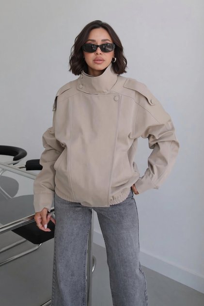 Women's Stone Color Water-Repellent Fabric Bomber Jacket with Standing Collar and Apollet Detail