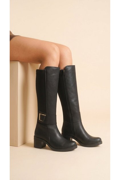 Leather Look Stretch Back Zipper Long Boots with Thick Medium High Heel