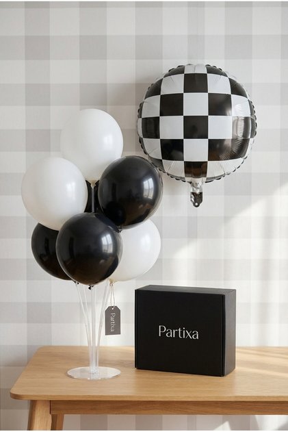 Black and White Checkered Patterned Round Balloon Stand Set |   Transparent 7-Piece Stand + Checkered Foil Balloon 18” + 7 Latex Balloons