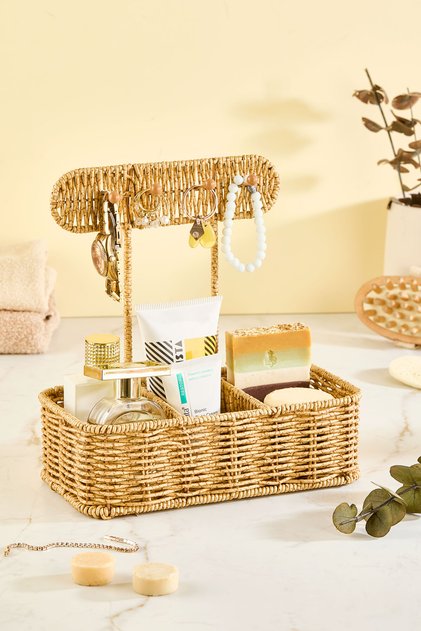 3-Compartment Multi-Purpose Jewelry and Cosmetic Organizer with Rattan Look Hanger