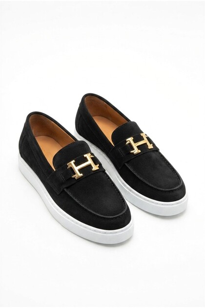 Zrk-X027 Premium Black and White Suede H Buckle Laceless Men's Loafer