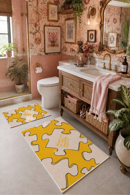 Yellow and White What if It All Works Out Written Bath Mat Set of 2