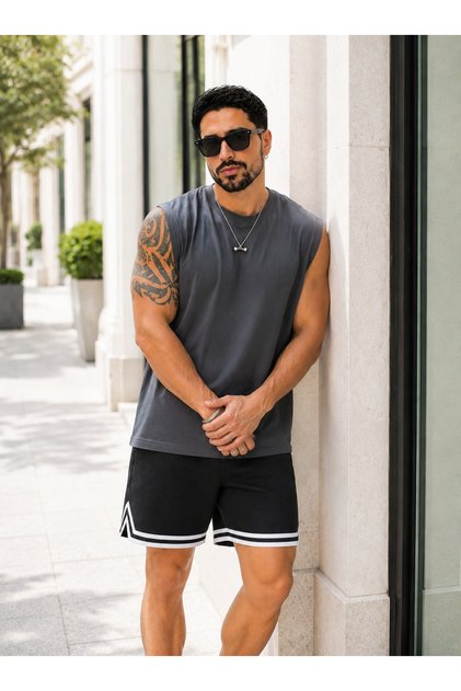 Gym Sport Gym Running Hiking Relax (Striped Shorts and Zero Sleeve Tshirt) Bottom Top Set Cotton Combed