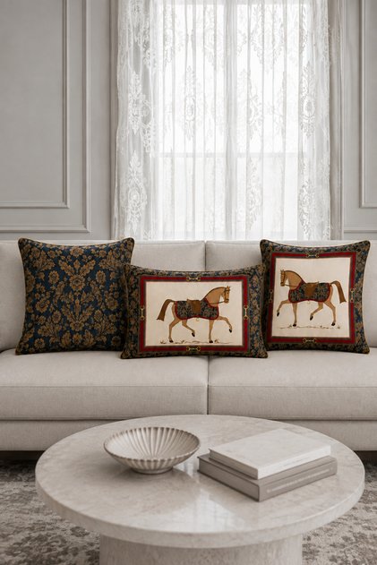 Damask Horse 3 Piece Decorative Throw Pillow Cover