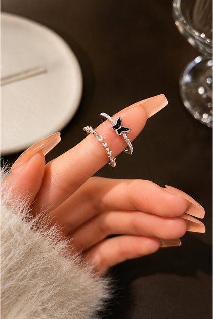 Women's Silver Color 2-Piece Ring Set with Black Butterfly and Stone Design