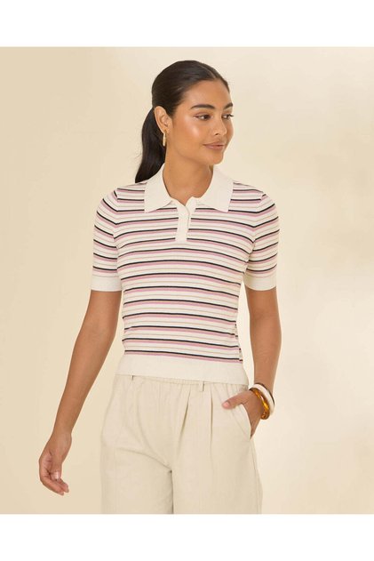 Girls White Striped Polo Knit Top