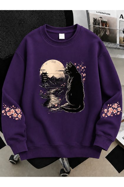 Kadın KARA KEDİ Detaylı Özel Baskılı Renkli Oversize Bisiklet Yaka Pamuklu Sweatshirt