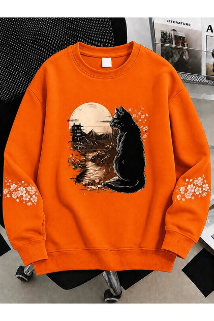 Kadın KARA KEDİ Detaylı Özel Baskılı Renkli Oversize Bisiklet Yaka Pamuklu Sweatshirt
