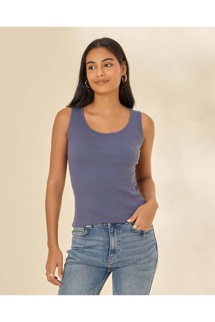 Women Blue Plain Ribbed Vest