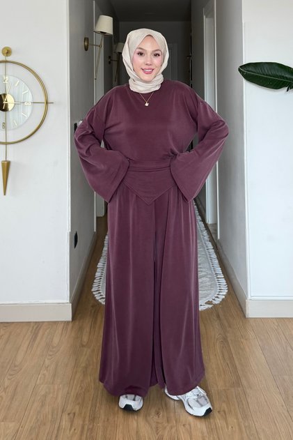 Ruby Pike orijinal Modal Kumaş Parçalı Pantolon- Tunik Tesettür Takım- Mürdüm