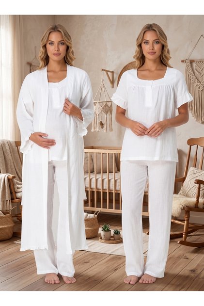 Ecru Muslin Fabric Soft Textured Cotton Maternity Pajamas with Breastfeeding Feature 3-Piece Maternity Pajama Set