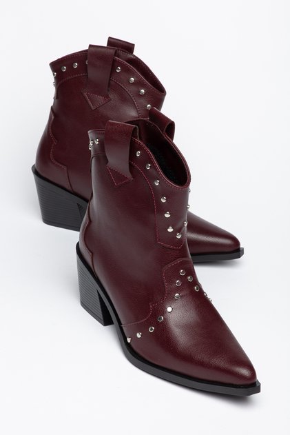 Burgundy Leather Troc Detailed Black Sole Cowboy Western Short Boots