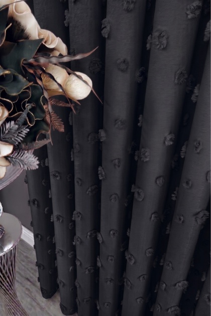 Anthracite Puffy Panel with Pompoms, Floral Patterned 1/3 Sik Pi̇le Linen Textured Original Product