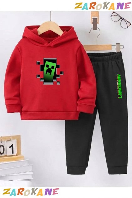 Green Shape Printed Winter Children's Hooded Top and Bottom Cotton Tracksuit Set (Bottom Tracksuit with Pockets)