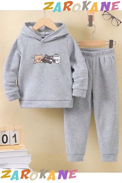 Hi̇hello Cats Printed Winter Children's Hooded Cotton Insulated Tracksuit Set (Bottom Tracksuit with Pockets)