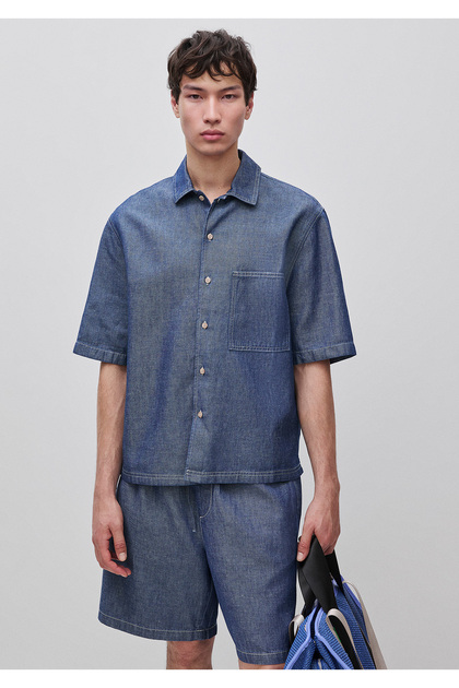 Men's Light Blue Cotton-Linen Blend Shirt with Front Pocket Detail