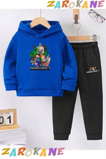 Kareminecraftt Printed Winter Children's Hooded Top and Bottom Cotton Tracksuit Set (Bottom Pants with Pockets)