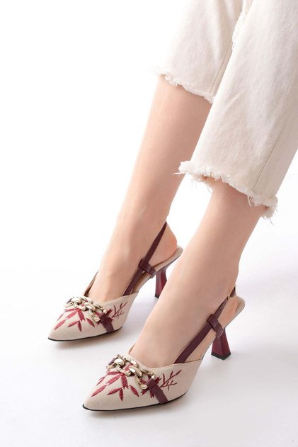 K-250 Burgundy Linen Casual Open Back Buckle Heeled Women's Shoes