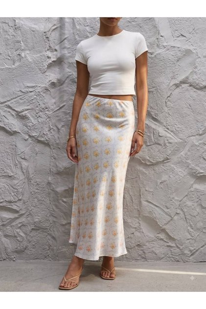 Women's Yellow Floral Satin Skirt