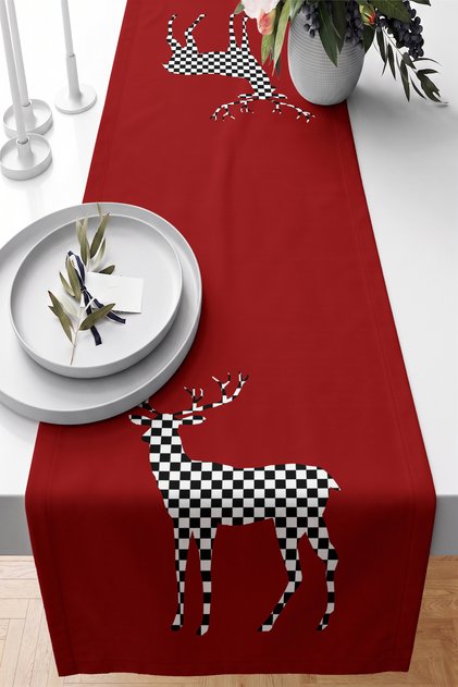 Checkerboard Patterned Red Background with Deer Figures 40X140 cm Digital Printed Decorative Dining Table Runner
