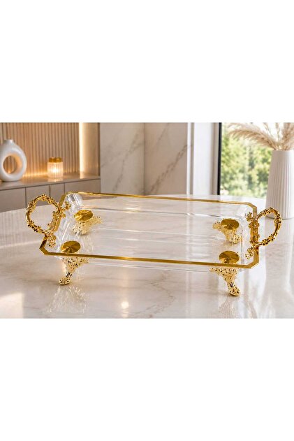 1 Piece Glass Presentation Tray with Gold Detailing, Feet, and Handles – Stylish Decorative Serving Tray