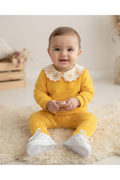 Baby Girl Seasonal Bow Printed Baby Collar 9-12-18-24 Months Slim Fit 2-Piece Baby Set