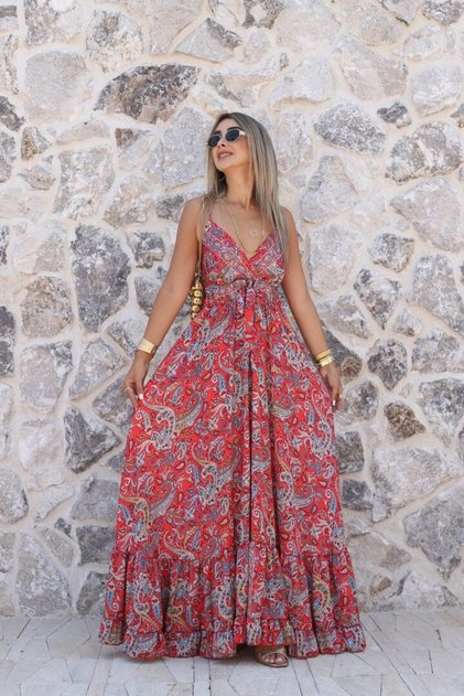 Red Strappy Silk Satin Skirt Flounce Dress