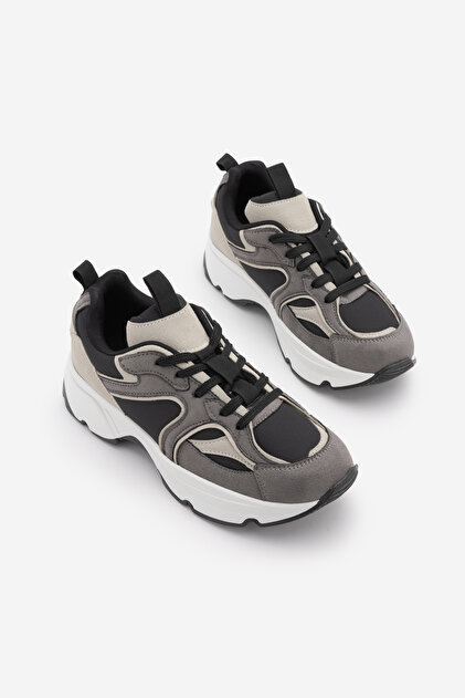 Kadın Sneaker Kalın Taban Çok Parçalı Bağcıklı Spor Ayakkabı Merita Füme Süet
