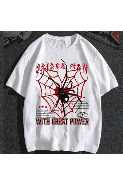 White Spider Web White Great Power Printed T-Shirt