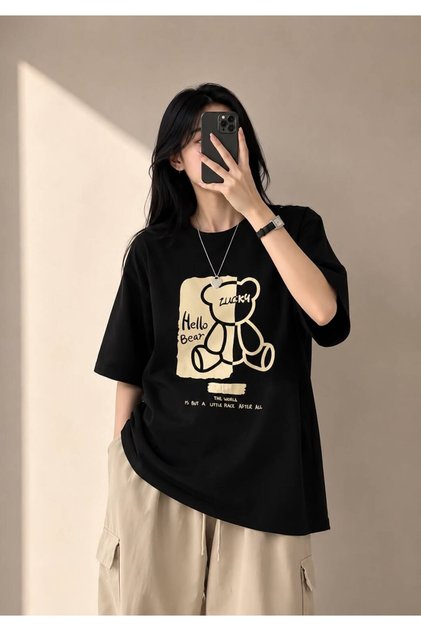 Black Hello Bear Printed Oversize T-Shirt