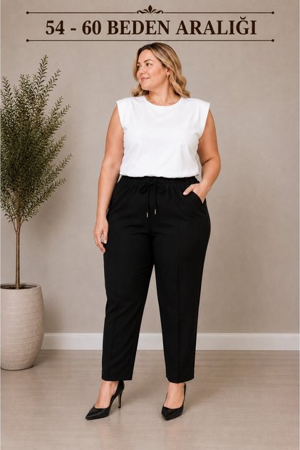 Beli bağcıklı lastikli yüksek bel havuç kesim kumaş pantalon