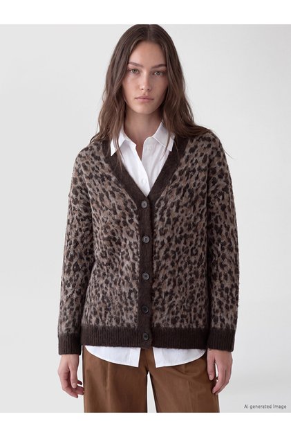 Brown V-Neck Leopard Patterned Women's Knitwear Cardigan
