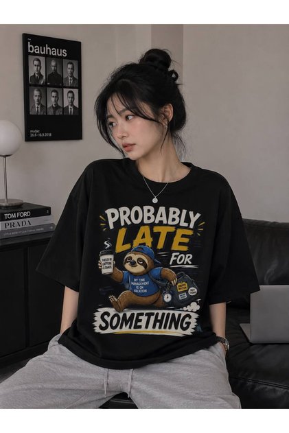 Black Probably Late for Something Printed T-Shirt