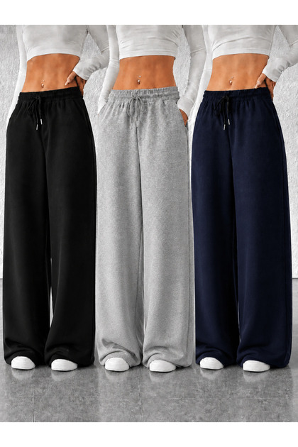 Triple Black Grey Navy Blue Loose Fit Sweatpants - Oversize Cotton 3-Pack