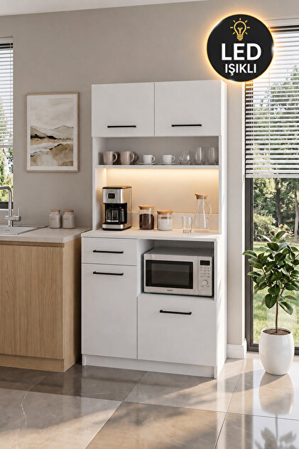 LED Aydınlatmalı Kahve Köşesi Dolabı - 4 Kapaklı 1 Çekmeceli Modern Kahve Köşesi - Led Işıklı Çok Amaçlı Dolap Mutfak Dolabı Geniş Depolama Alanı Çok Amaçlı Led Işıklı Dolap Ledli Kahve Köşesi