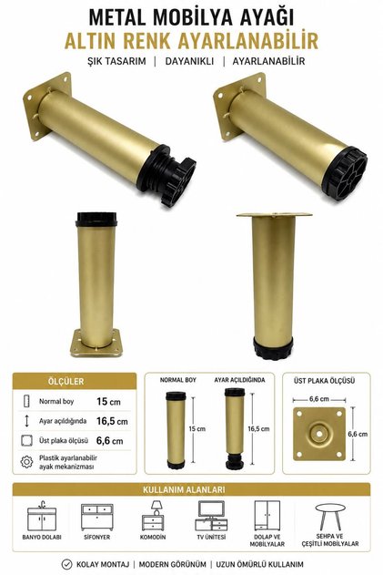 Metal Mat Altın Mobilya Şifonyer Komidin Kesen Tv Ünitesi Banyo Dolabı Ayağı Yükseklik 15CM