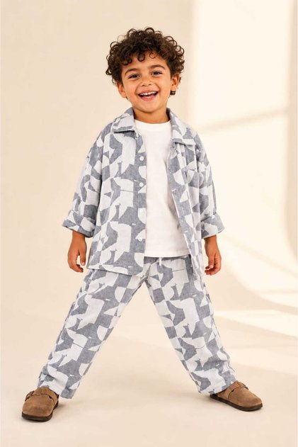 Boy's Patterned 100% Cotton Linen Look 3-Piece Set