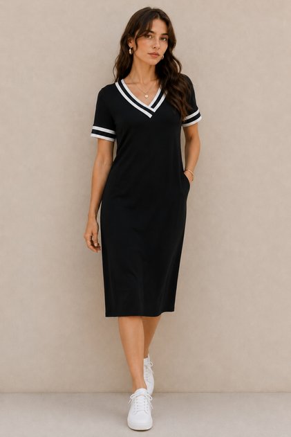 Women's Short Sleeve V-Neck Midi Length Viscose Dress with Ribbed Sleeves and Collar Detail