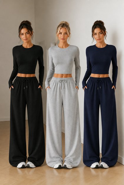 Triple Women's Black Gray Navy Blue High Waist Sweatpants Set - Flexible Waist Adjustable with Laces