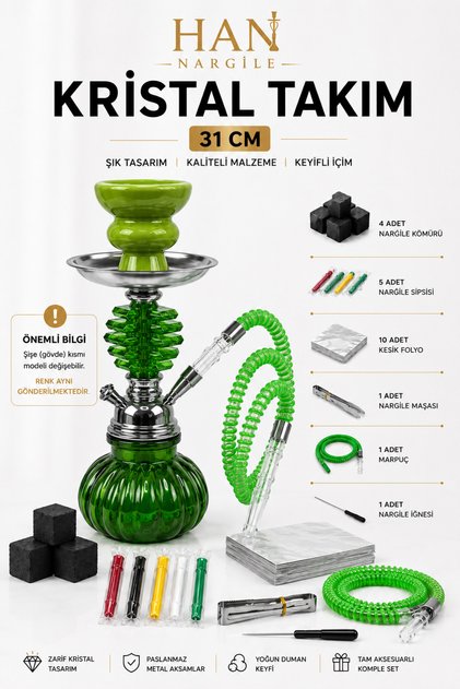 Kristal Nargile Takımı 32 cm – Komple Set, 7 Parça Hediye, Cam Nargile