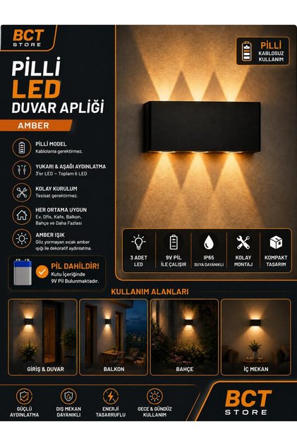 Pilli Amber Işık Kablosuz Led Aplik Dekoratif Kolay Montaj Duvar Aplik